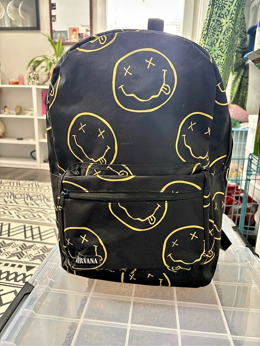Nirvana Allover Smiley Face Print Backpack in Black & Yellow